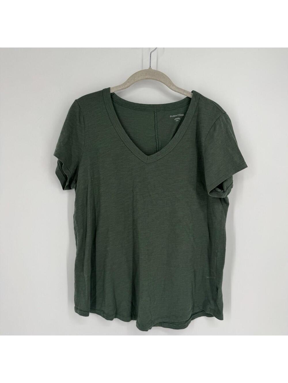 Eileen Fisher Shirt top medium M green organic cotton classic nature forest